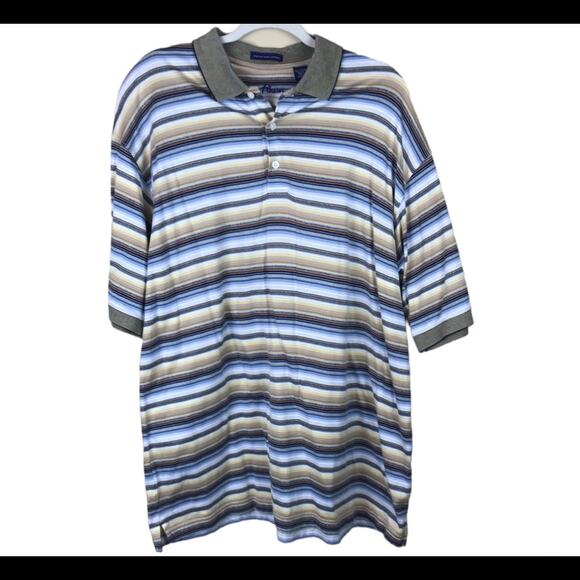 ALAN FLUSSER Men’s Brown/Blue Striped Polo Shirt Sz Large - Picture 1 of 4